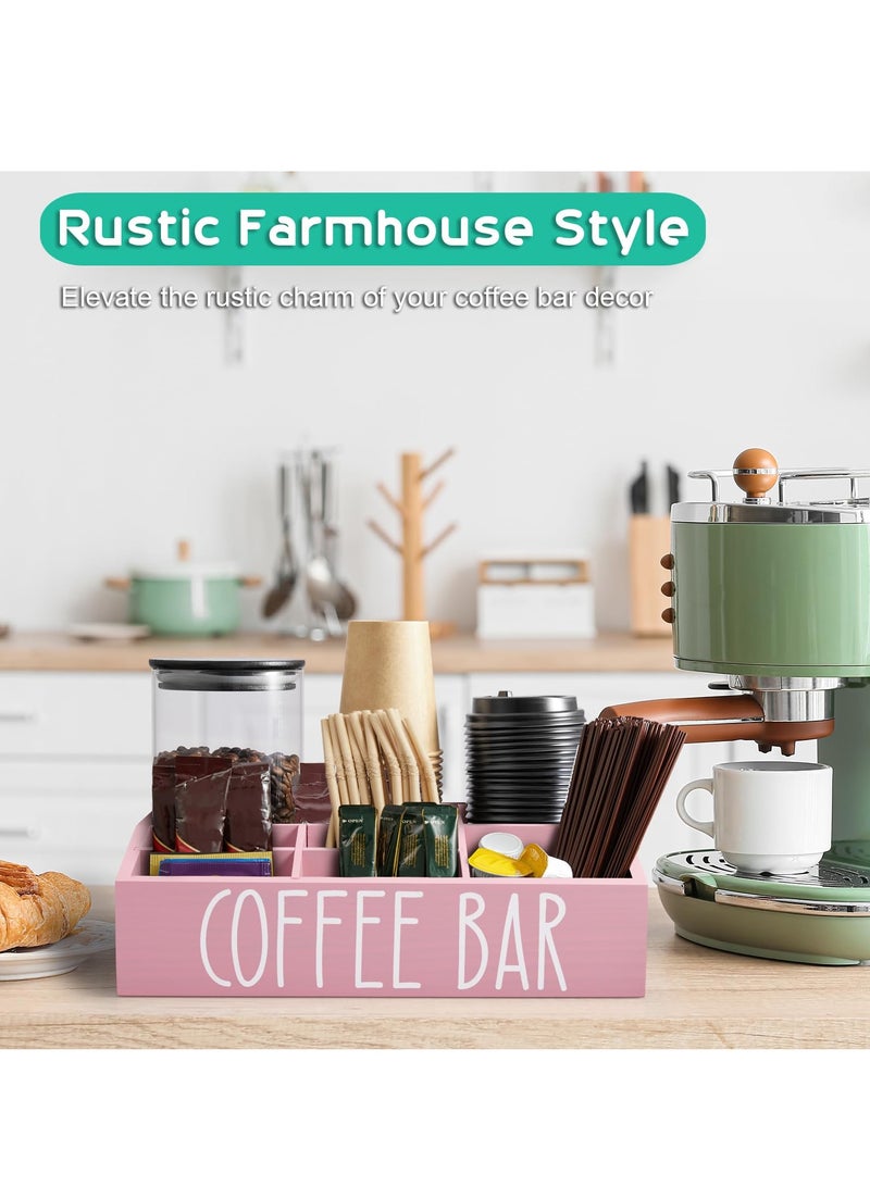 شو وو منظم محطة القهوة للطاولة، 7 أقسام، رف خشبي لبار القهوة ومنظم مع فواصل قابلة للإزالة لديكور بار القهوة في المطبخ باللون الوردي - Image 3