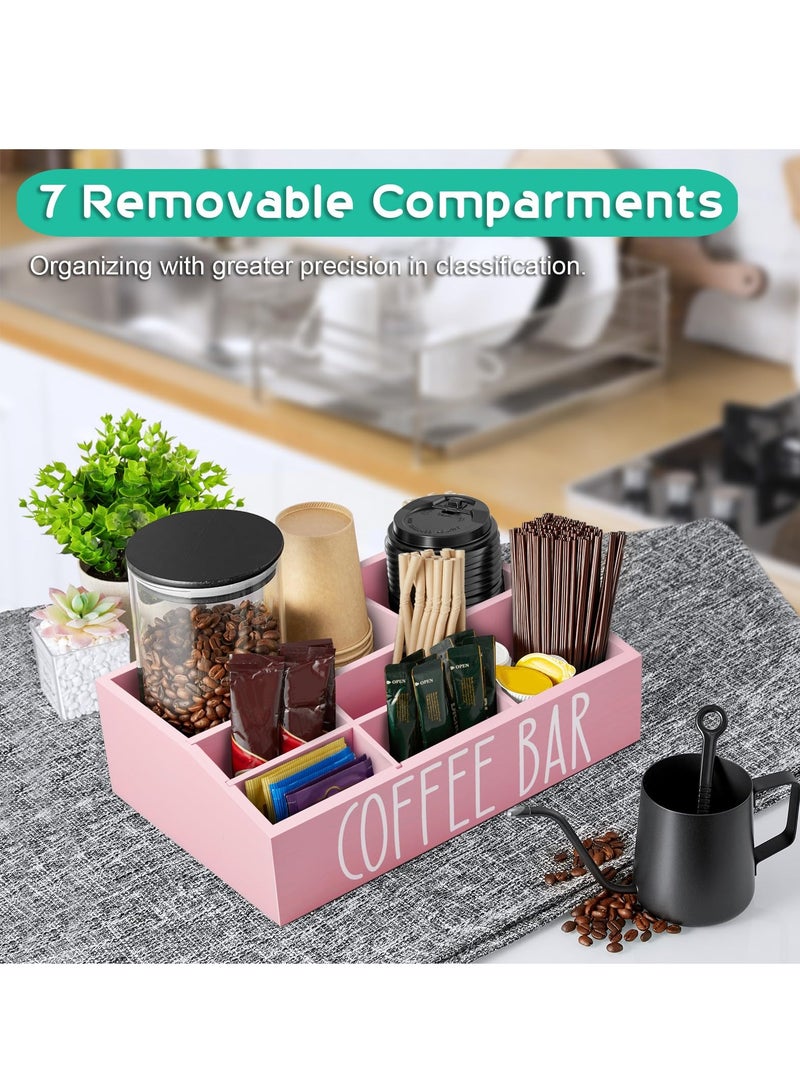 شو وو منظم محطة القهوة للطاولة، 7 أقسام، رف خشبي لبار القهوة ومنظم مع فواصل قابلة للإزالة لديكور بار القهوة في المطبخ باللون الوردي - Image 4