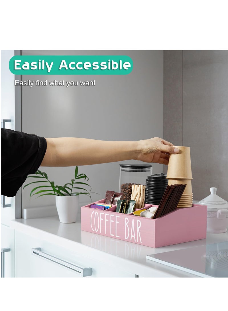 شو وو منظم محطة القهوة للطاولة، 7 أقسام، رف خشبي لبار القهوة ومنظم مع فواصل قابلة للإزالة لديكور بار القهوة في المطبخ باللون الوردي - Image 5