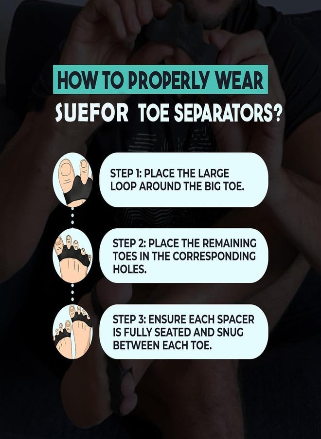 SUEFOR فاصل أصابع القدم، مباعد أصابع القدم، مصحح أصابع القدم، سيليكون يوغا، مصحح أصابع القدم المطرقية للنساء والرجال، مصحح أصابع القدم المتداخلة (فاصل أصابع القدم، زوج واحد (قطعتان)) (أسود) - Image 4