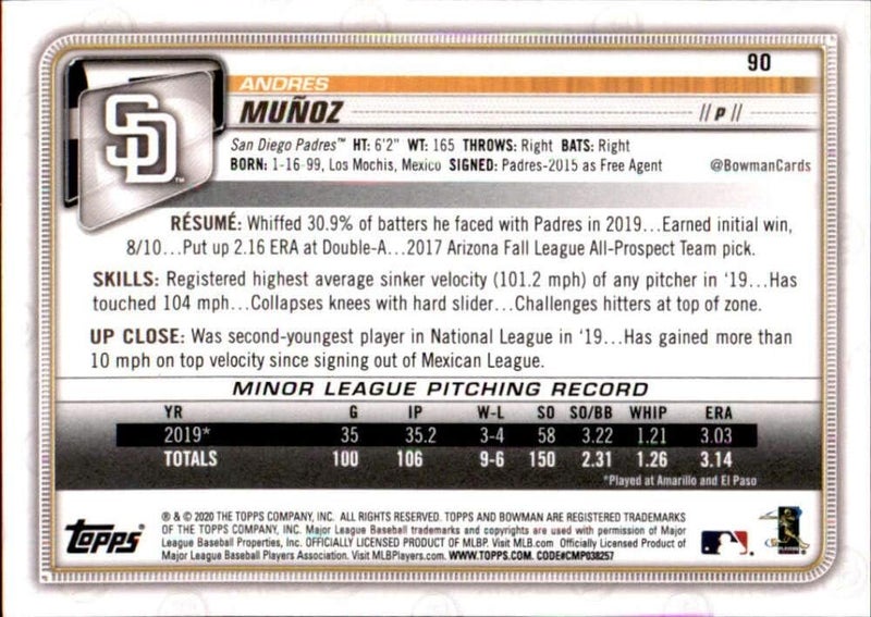 Bowman 2020 Paper Baseball #90 Andres Munoz RC Rookie Card San Diego Padres Official MLB Trading Card From The Topps Company in Raw (NM or Better) Condition - Image 2