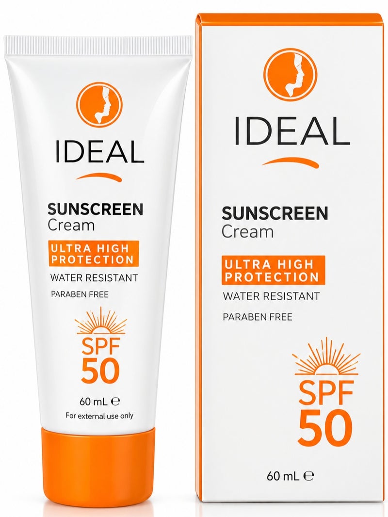 Ideal Sunscreen Cream SPF 50, Ultra High Protection, Water Resistant, 60ml - Image 1