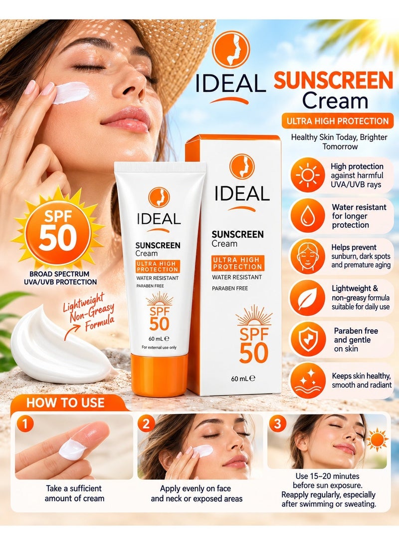 Ideal Sunscreen Cream SPF 50, Ultra High Protection, Water Resistant, 60ml - Image 5