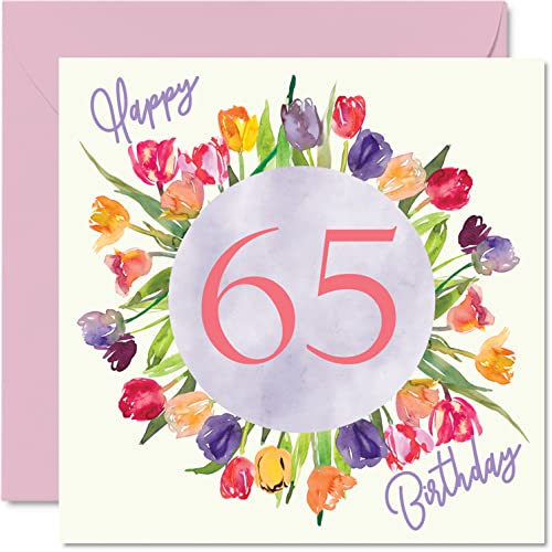 Stuff4 Beautiful 65th Birthday Cards for Women - Watercolour Tulips Flowers Bouquet - Happy Birthday Card for Her Grandma Nanny Gran Mom Birthday Gifts, 5.7 x 5.7 Inch Lovely Floral Greeting Cards Gift - Image 1