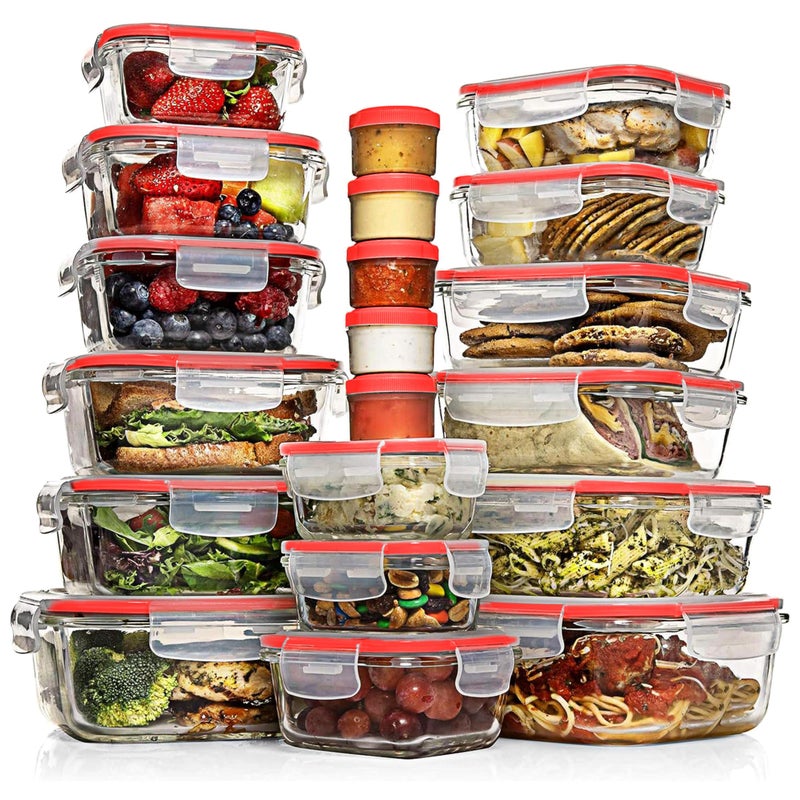Razab 35 Pc Set Glass Food Storage Containers with Lids - Meal Prep Airtight Bento Boxes BPA-Free 100% Leak Proof (15 lids,15 glass & 5 Plastic Sauce/Dip Containers) - Image 1