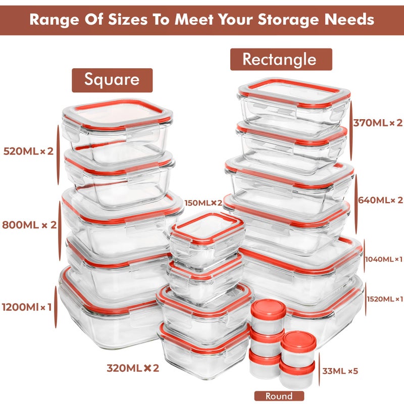 Razab 35 Pc Set Glass Food Storage Containers with Lids - Meal Prep Airtight Bento Boxes BPA-Free 100% Leak Proof (15 lids,15 glass & 5 Plastic Sauce/Dip Containers) - Image 2