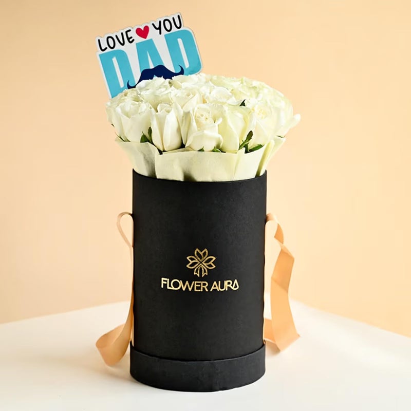 FlowerAura Fresh Flower Bouquet Gift 20 White Roses Flower With Topper In FA Black Box For Birthday Gift Gift Gift For Papa Gift For Dad Gift For FatherInLaw Same Day Delivery - Image 2