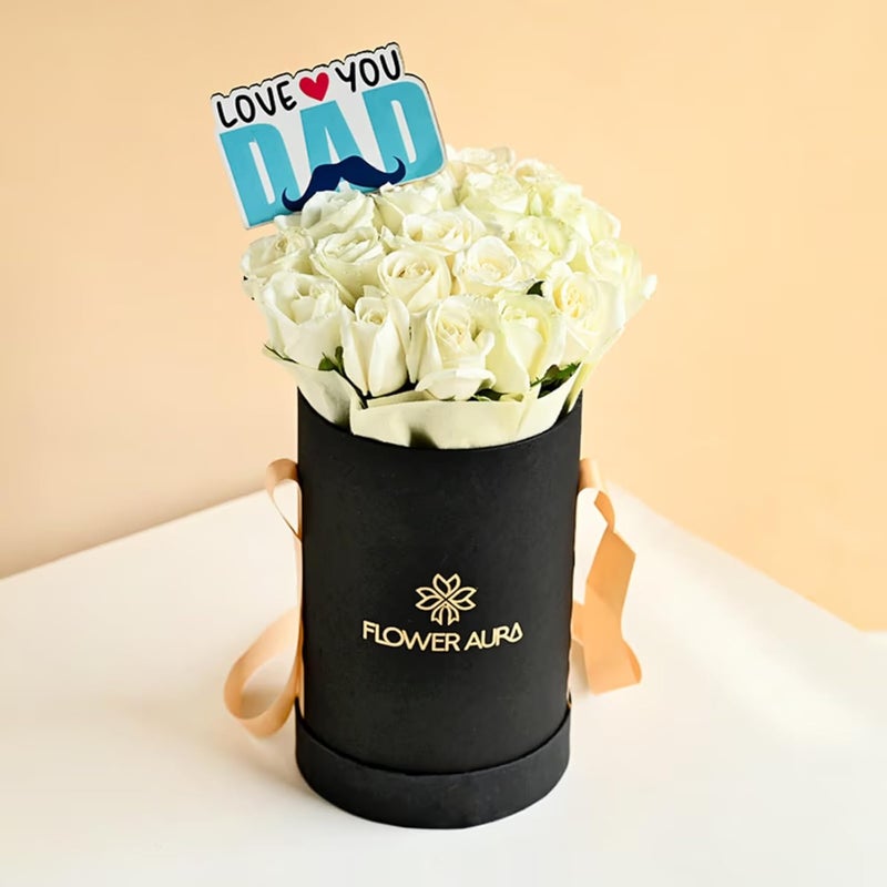 FlowerAura Fresh Flower Bouquet Gift 20 White Roses Flower With Topper In FA Black Box For Birthday Gift Gift Gift For Papa Gift For Dad Gift For FatherInLaw Same Day Delivery - Image 1