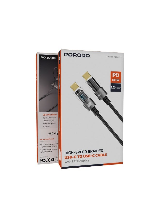 porodo Blue Porodo 60W PD USB-C to USB-C High-Speed Braided Cable with LED Display – 1.2 Meter - Image 1