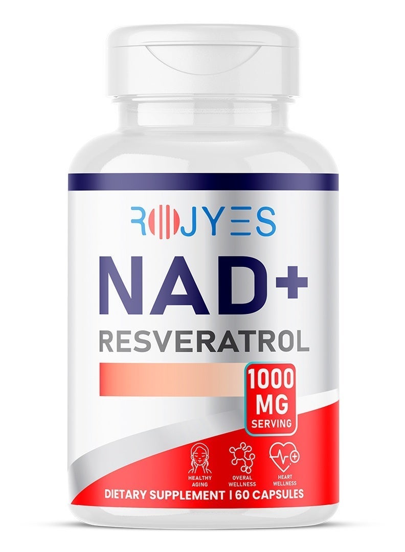 ROJYES NAD+ Resveratrol Supplement, Anti Aging Supplement for Longevity, Cellular Energy Booster and Metabolism Support, Heart Wellness and Vitality Support, 60 Capsules - Image 1