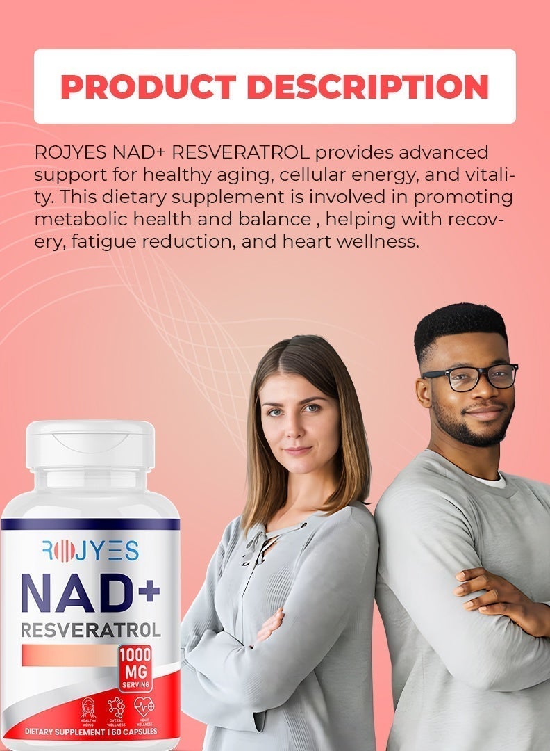 ROJYES NAD+ Resveratrol Supplement, Anti Aging Supplement for Longevity, Cellular Energy Booster and Metabolism Support, Heart Wellness and Vitality Support, 60 Capsules - Image 5