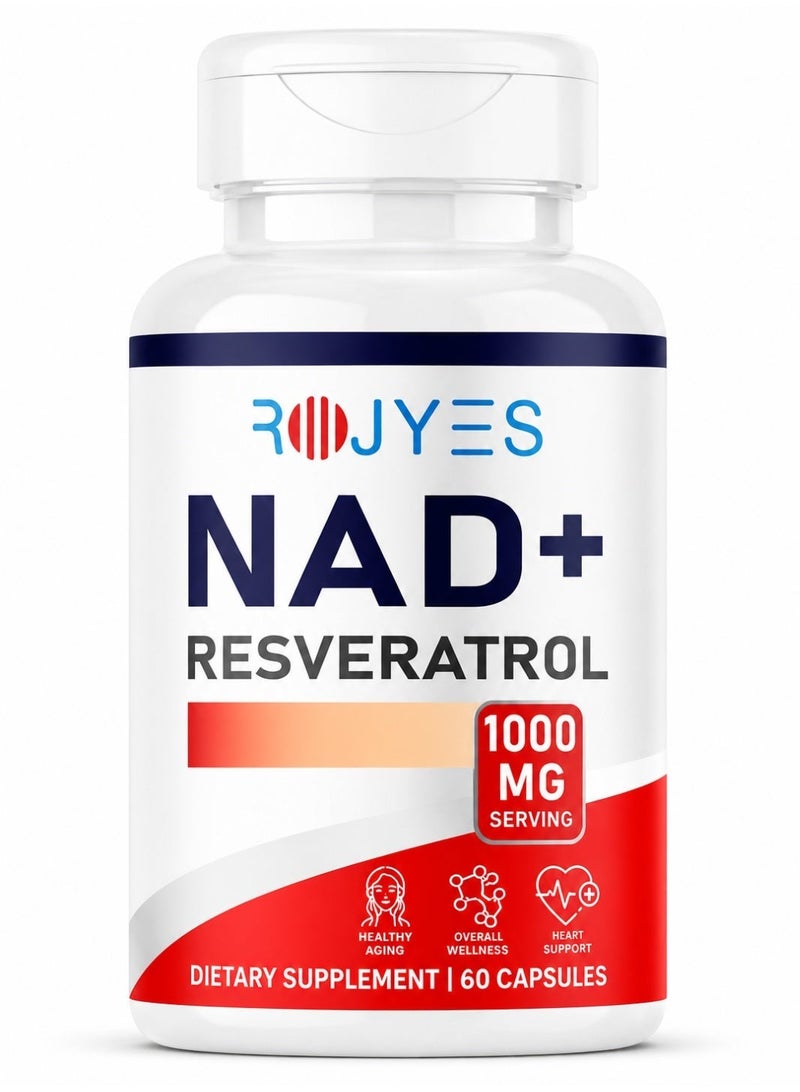 روجيس مكمل روجيس NAD+ ريسفيراترول، مكمل مضاد للشيخوخة لدعم طول العمر، معزز الطاقة الخلوية ودعم التمثيل الغذائي، يدعم صحة القلب والحيوية، 60 كبسولة - Image 1