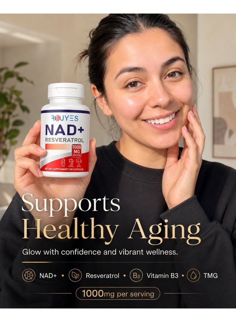 روجيس مكمل روجيس NAD+ ريسفيراترول، مكمل مضاد للشيخوخة لدعم طول العمر، معزز الطاقة الخلوية ودعم التمثيل الغذائي، يدعم صحة القلب والحيوية، 60 كبسولة - Image 2