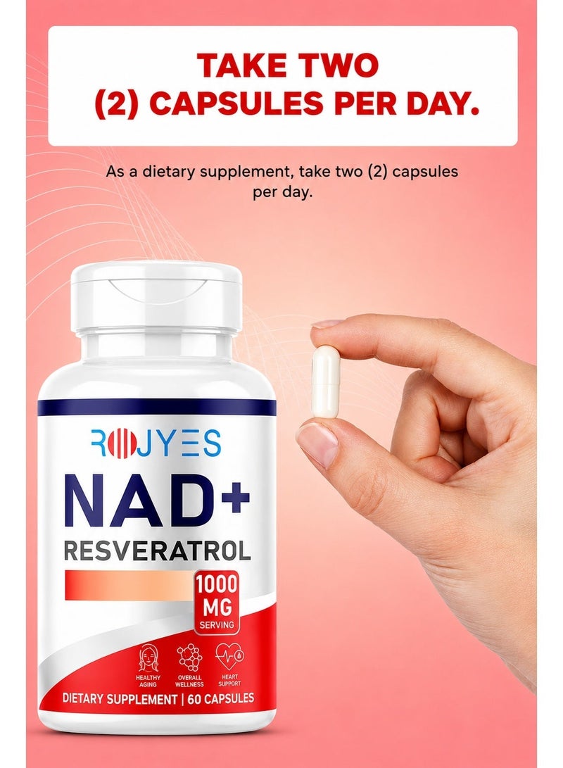 روجيس مكمل روجيس NAD+ ريسفيراترول، مكمل مضاد للشيخوخة لدعم طول العمر، معزز الطاقة الخلوية ودعم التمثيل الغذائي، يدعم صحة القلب والحيوية، 60 كبسولة - Image 5