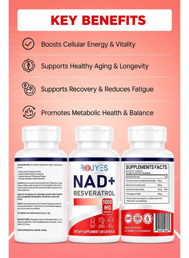 روجيس مكمل روجيس NAD+ ريسفيراترول، مكمل مضاد للشيخوخة لدعم طول العمر، معزز الطاقة الخلوية ودعم التمثيل الغذائي، يدعم صحة القلب والحيوية، 60 كبسولة - Image 3