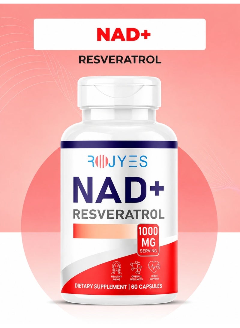 روجيس مكمل روجيس NAD+ ريسفيراترول، مكمل مضاد للشيخوخة لدعم طول العمر، معزز الطاقة الخلوية ودعم التمثيل الغذائي، يدعم صحة القلب والحيوية، 60 كبسولة - Image 4