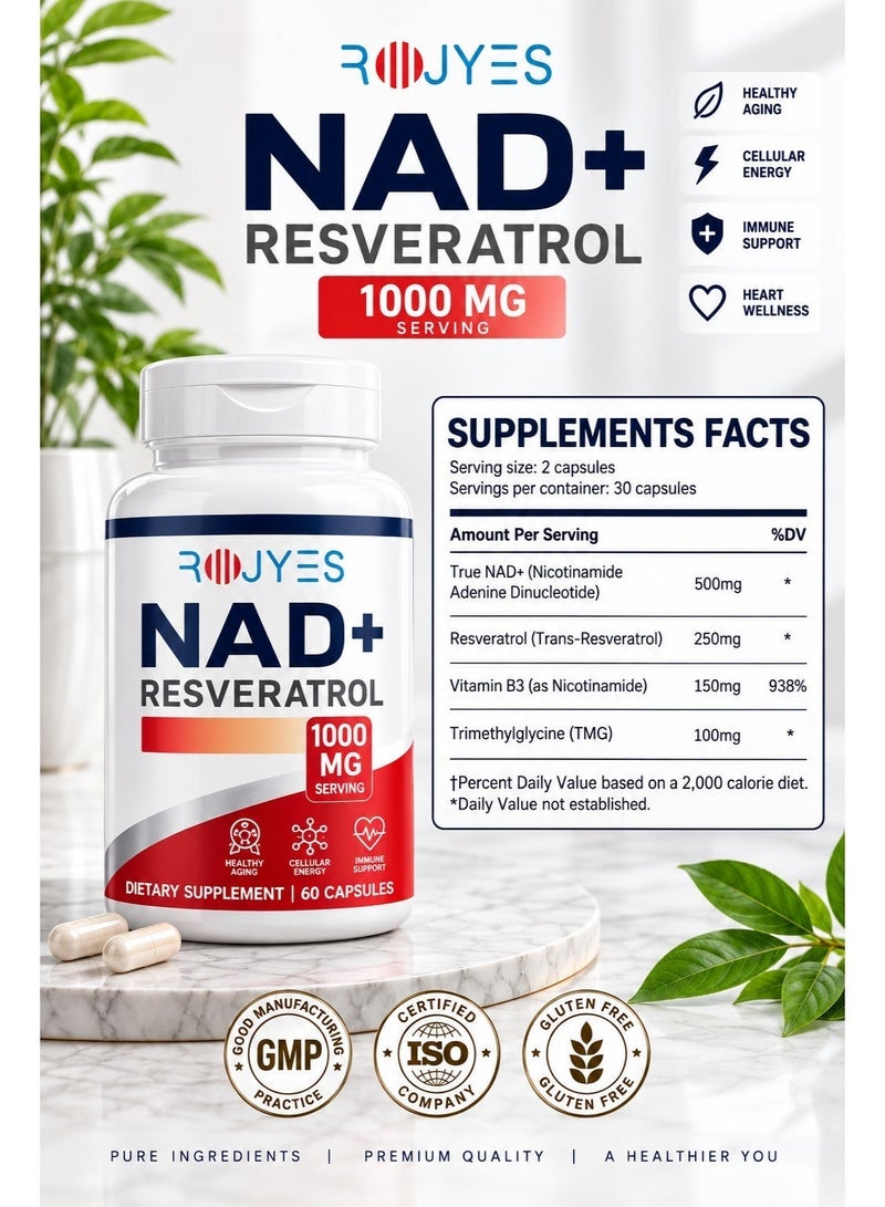 ROJYES NAD+ Resveratrol 1000mg Supplement | Healthy Aging, Cellular Energy & Metabolism Support | Daily Wellness for Men & Women | 60 Capsules - Image 4