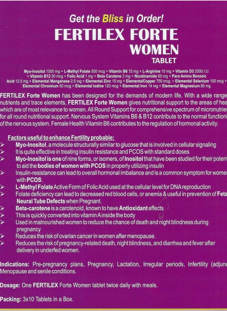 Vox Dei Labs FERTILEX FORTE WOMEN TABLET-MYO INOSITOL,L-ARGININE,FOLIC ACID,VITAMIN B12,B6,SELENIUM WITH MACRONUTRIENTS,30 TABLETS  - Image 4