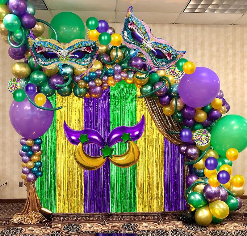 MAFENT 116 Pcs Mardi Gras Decorations - 2Pack Mardi Gras Tinsel Foil Fringe Curtains with Big Aluminum Mask Balloons Green Purple Yellow Mardi Gras Balloons for Mardi Gras Party Carnival Decoration - Image 1
