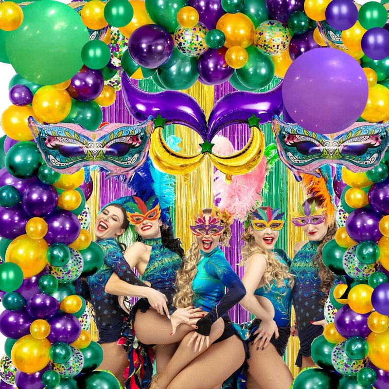 MAFENT 116 Pcs Mardi Gras Decorations - 2Pack Mardi Gras Tinsel Foil Fringe Curtains with Big Aluminum Mask Balloons Green Purple Yellow Mardi Gras Balloons for Mardi Gras Party Carnival Decoration - Image 2