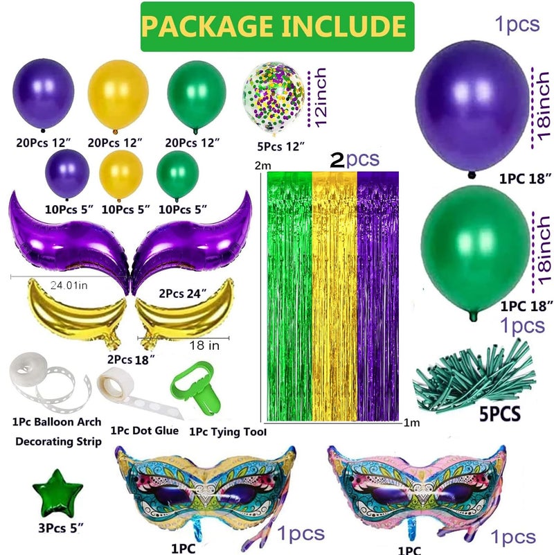 MAFENT 116 Pcs Mardi Gras Decorations - 2Pack Mardi Gras Tinsel Foil Fringe Curtains with Big Aluminum Mask Balloons Green Purple Yellow Mardi Gras Balloons for Mardi Gras Party Carnival Decoration - Image 4