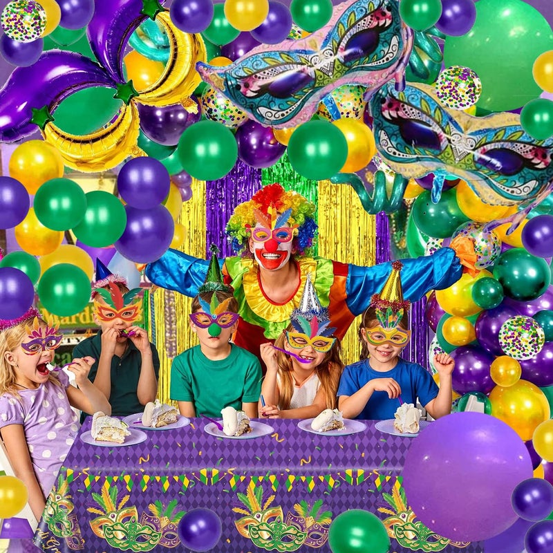 MAFENT 116 Pcs Mardi Gras Decorations - 2Pack Mardi Gras Tinsel Foil Fringe Curtains with Big Aluminum Mask Balloons Green Purple Yellow Mardi Gras Balloons for Mardi Gras Party Carnival Decoration - Image 5