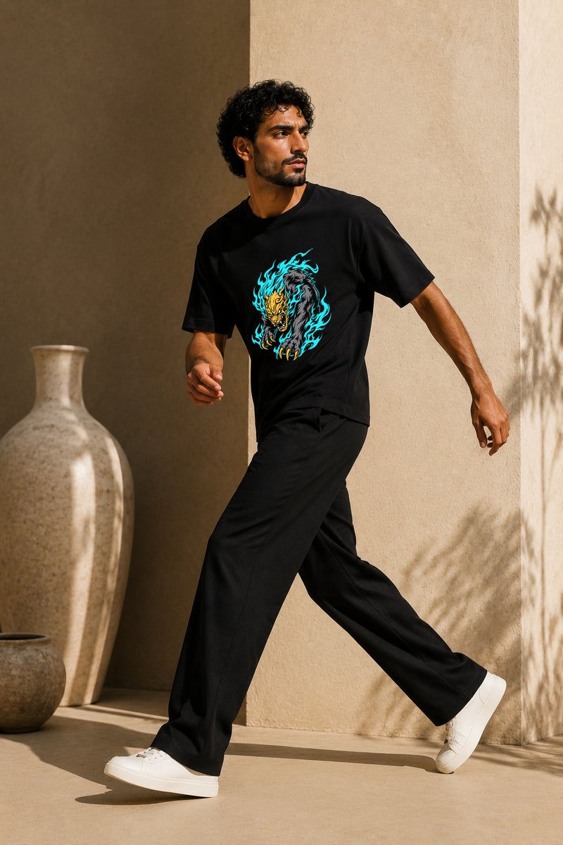 Men's Oversized Black Graphic T-Shirt Fierce Beast Print Casual Short Sleeve Crew Neck Streetwear Tee - Image 3