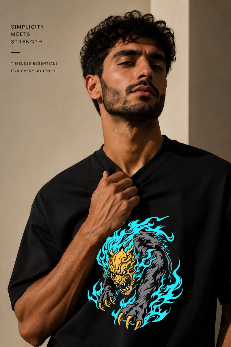 Men's Oversized Black Graphic T-Shirt Fierce Beast Print Casual Short Sleeve Crew Neck Streetwear Tee - Image 5