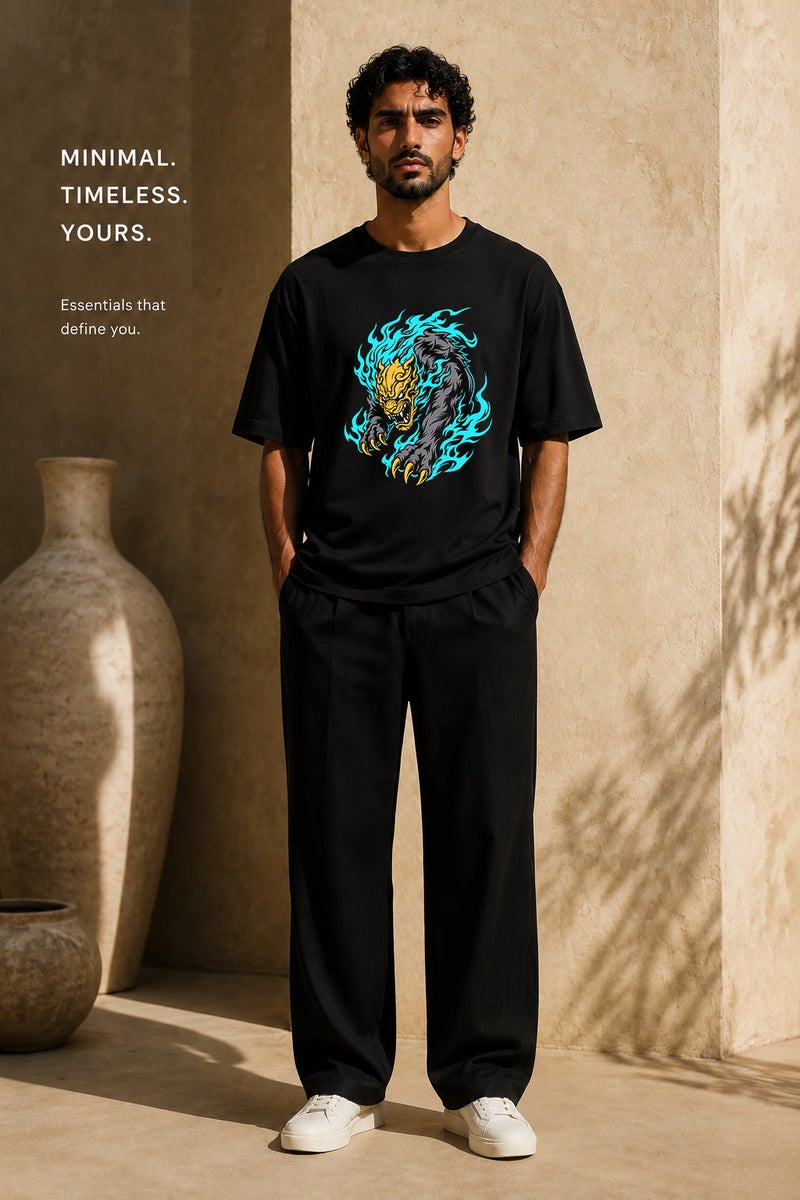 Men's Oversized Black Graphic T-Shirt Fierce Beast Print Casual Short Sleeve Crew Neck Streetwear Tee - Image 2