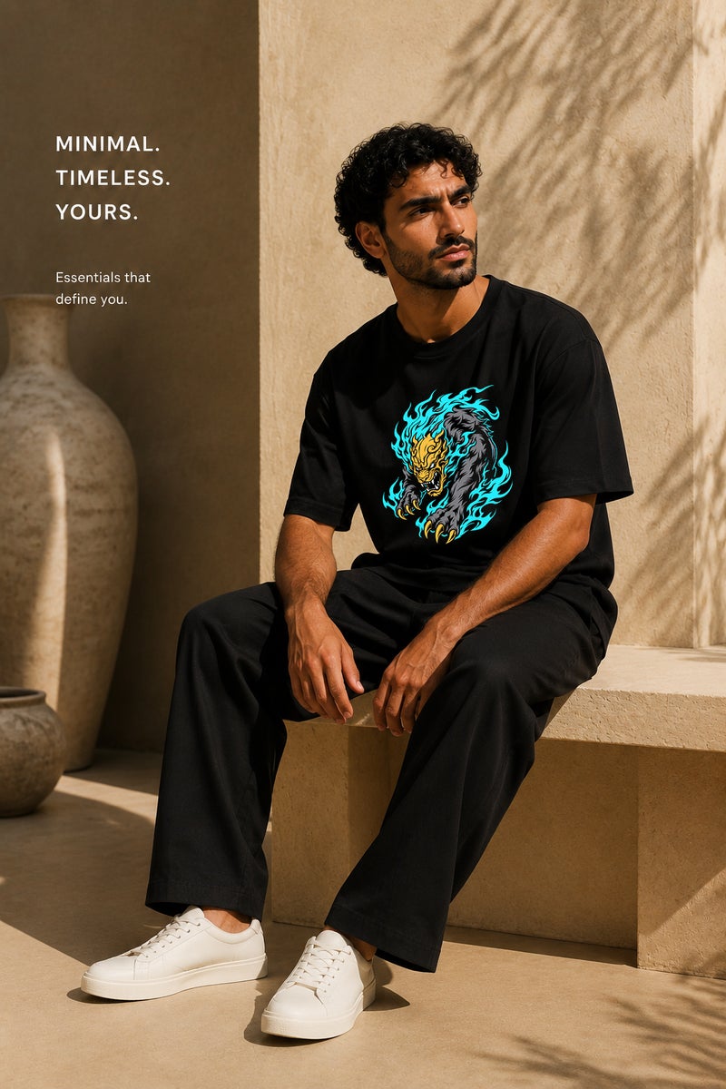 Men's Oversized Black Graphic T-Shirt Fierce Beast Print Casual Short Sleeve Crew Neck Streetwear Tee - Image 4