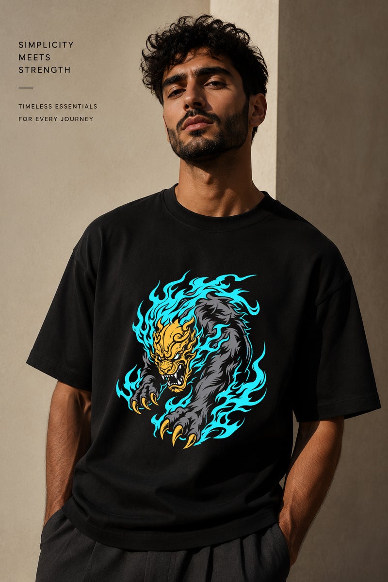 Men's Oversized Black Graphic T-Shirt Fierce Beast Print Casual Short Sleeve Crew Neck Streetwear Tee - Image 1