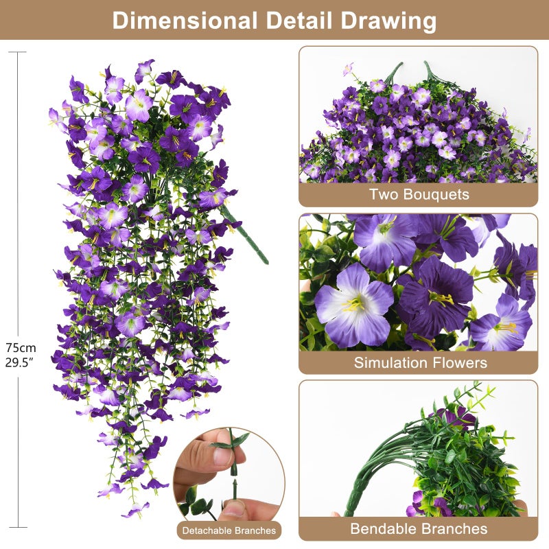 ZFProcess Artificial Hanging Flowers Plants for Outdoor Spring Summer Decoration, 2PCS Faux Silk Morning glory UV Resistant Look Real for Outside Home Indoor Planter Porch Garden Yard Decor(Dark Orchid) - Image 2