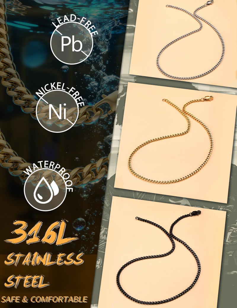 Jstyle 3 Pcs Cuban Link Chain for Men Women 316L Stainless Steel Chain Necklace 3.5mm Non Tarnish Necklaces Black Silver Gold Tone Chains 24 Inch - Image 2