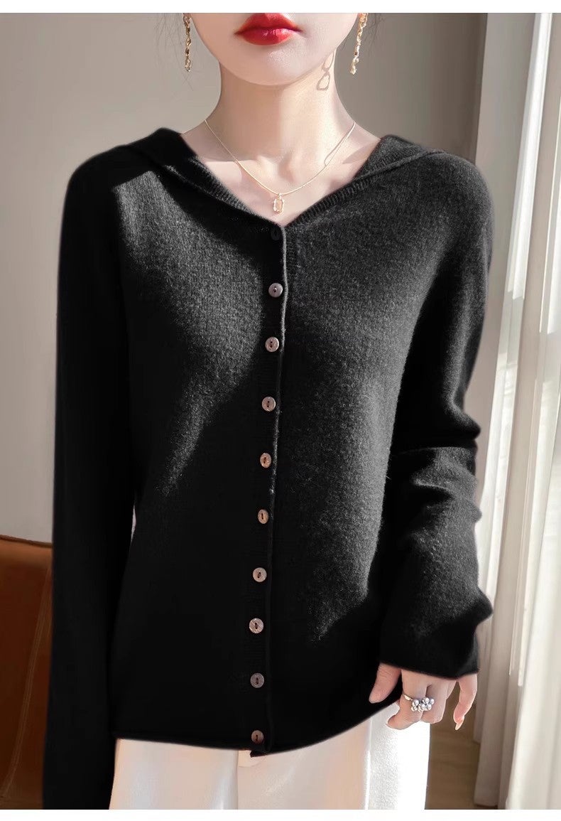 Seamless One-Piece Hooded Cardigan Sweater Coat Women'S Soft Waxy Meat-Covered Knitted Sweater Hoodie With Hood For