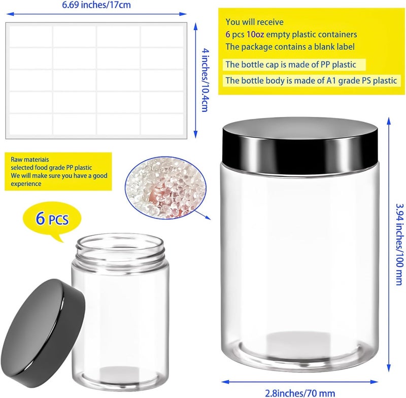 MotBach 6 Pack 10oz Plastic Jars Round Clear Containers with Lids, 300ml Empty Small Cosmetic Jars Makeup Containers, 10ounce Slime Jar Travel Cosmetic Container for Makeup Lotion Cream Travel Storage - Image 2