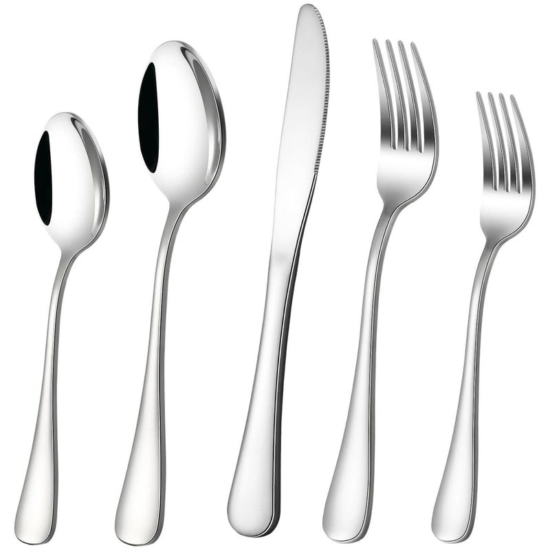 BENCI Silverware Flatware Stainless Steel Cutlery Set with Titanium Golden Plated Tableware Kitchen Utensil Include Spoons Forks Knives Mirror Polished Pack of 5 Silver - Image 1