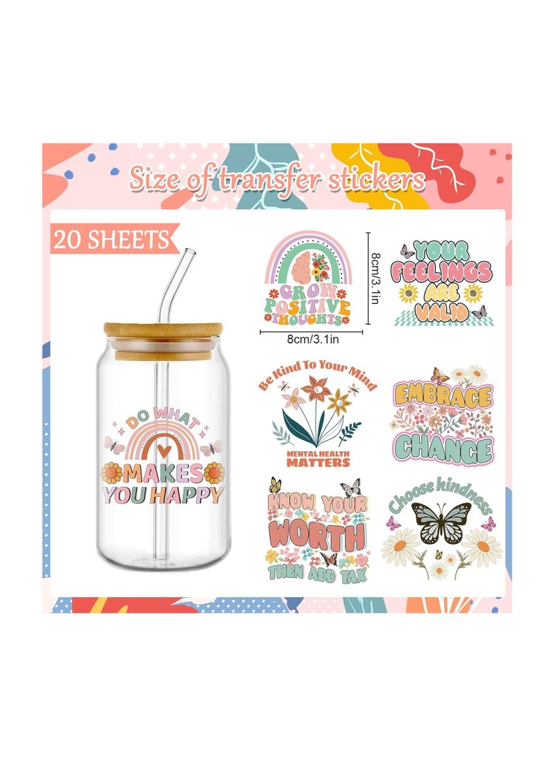 Generic UV DTF Cup Wrap - 20 Sheets Mental Health UV DTF Cup Wraps for 16 oz, Groovy Inspirational Uvdtf Decals, Flower Butterfly Waterproof Rub on Transfer Stickers for Glass Mugs, DIY Wood Crafts  - Image 4