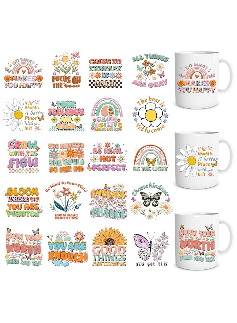 Generic UV DTF Cup Wrap - 20 Sheets Mental Health UV DTF Cup Wraps for 16 oz, Groovy Inspirational Uvdtf Decals, Flower Butterfly Waterproof Rub on Transfer Stickers for Glass Mugs, DIY Wood Crafts  - Image 3
