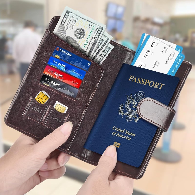 Herain Passport Holder & Case - Family Travel Combo With Passport & Vaccine Card Holder, D-magnetic clasp-c-coffee, Magnetic Clasp - Image 2