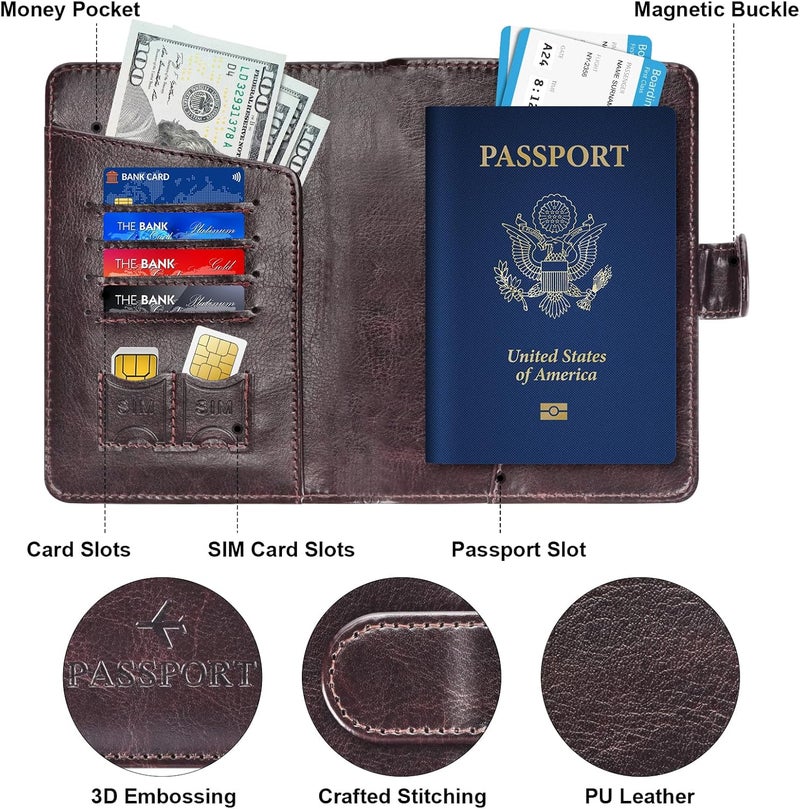 Herain Passport Holder & Case - Family Travel Combo With Passport & Vaccine Card Holder, D-magnetic clasp-c-coffee, Magnetic Clasp - Image 4