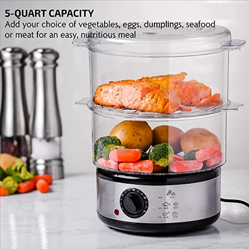 OVENTE 2 Tier Electric Food Steamer for Cooking Vegetables, Stainless Steel Base, Stackable and Dishwasher Safe Baskets, 400W with Auto Shutoff and 60-Minute Timer, 5 Quart Capacity, Silver FS62S - Image 2