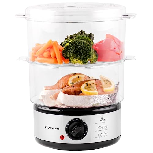 OVENTE 2 Tier Electric Food Steamer for Cooking Vegetables, Stainless Steel Base, Stackable and Dishwasher Safe Baskets, 400W with Auto Shutoff and 60-Minute Timer, 5 Quart Capacity, Silver FS62S - Image 1