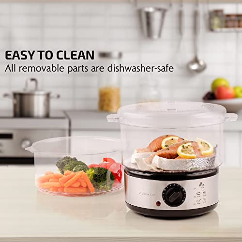 OVENTE 2 Tier Electric Food Steamer for Cooking Vegetables, Stainless Steel Base, Stackable and Dishwasher Safe Baskets, 400W with Auto Shutoff and 60-Minute Timer, 5 Quart Capacity, Silver FS62S - Image 5