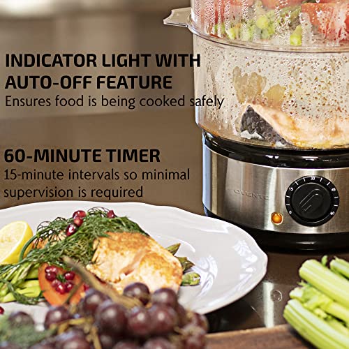 OVENTE 2 Tier Electric Food Steamer for Cooking Vegetables, Stainless Steel Base, Stackable and Dishwasher Safe Baskets, 400W with Auto Shutoff and 60-Minute Timer, 5 Quart Capacity, Silver FS62S - Image 3