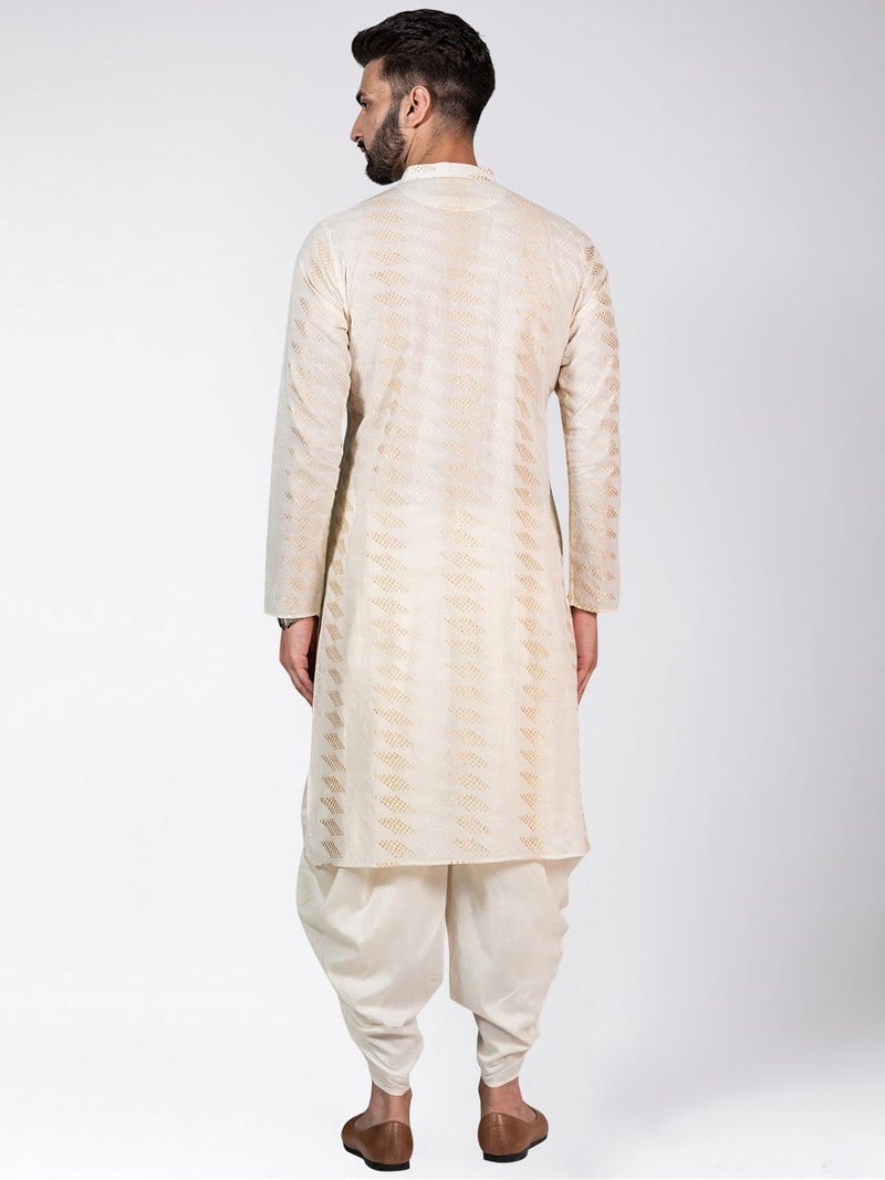 KISAH Men Pearl White Geometric Embellished Kurta Full Sleaves, Knee Length, Straight, Regular Fit, Mandarin Collar Ethnic Casual wear - Image 5