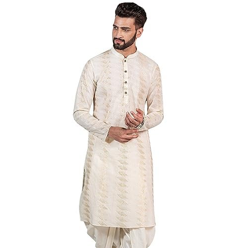 KISAH Men Pearl White Geometric Embellished Kurta Full Sleaves, Knee Length, Straight, Regular Fit, Mandarin Collar Ethnic Casual wear - Image 1
