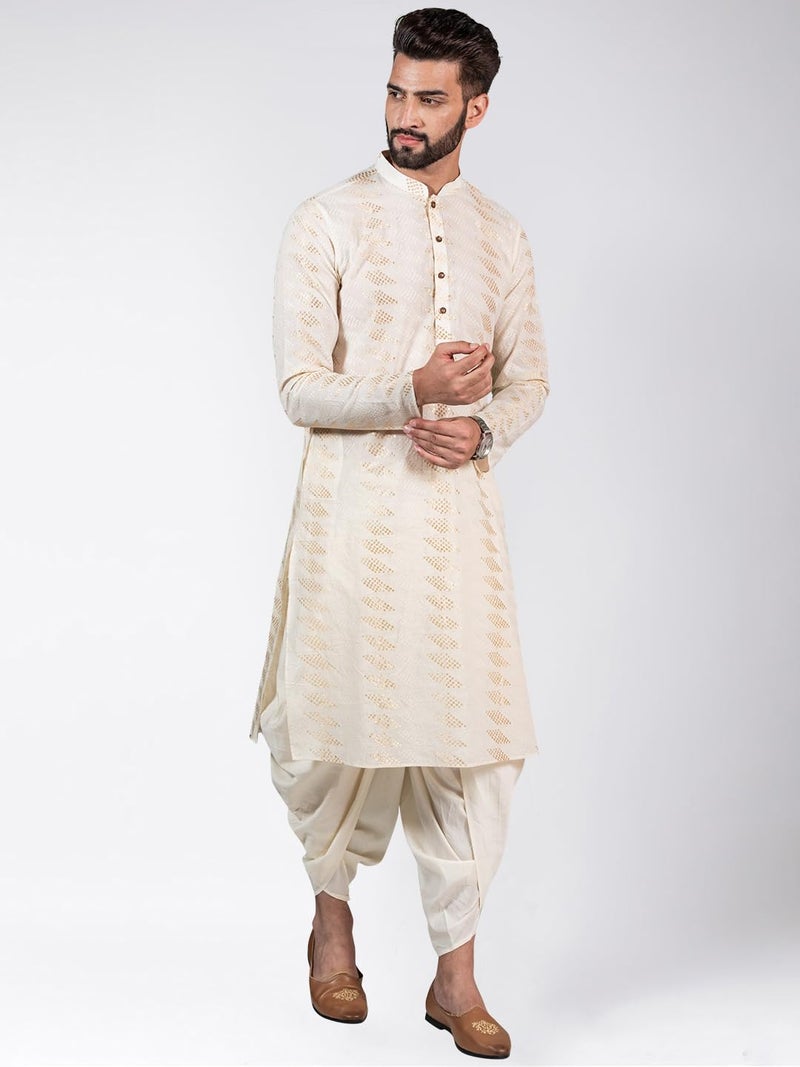 KISAH Men Pearl White Geometric Embellished Kurta Full Sleaves, Knee Length, Straight, Regular Fit, Mandarin Collar Ethnic Casual wear - Image 4