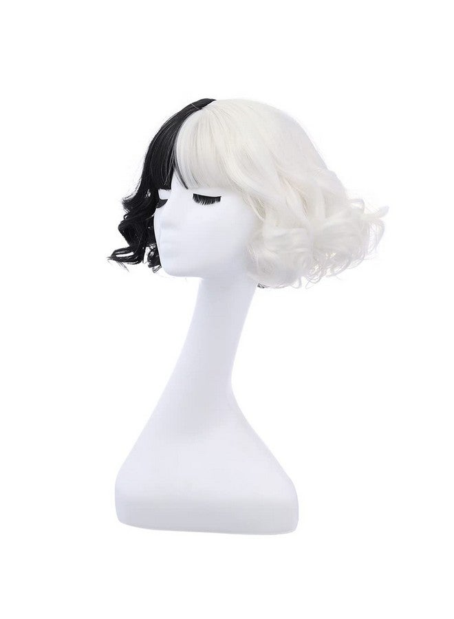 RightOn Black White Wig Short Curly Wig with Bangs Synthetic Wigs Black White Wig Split Wigs with Wig Cap - Image 4