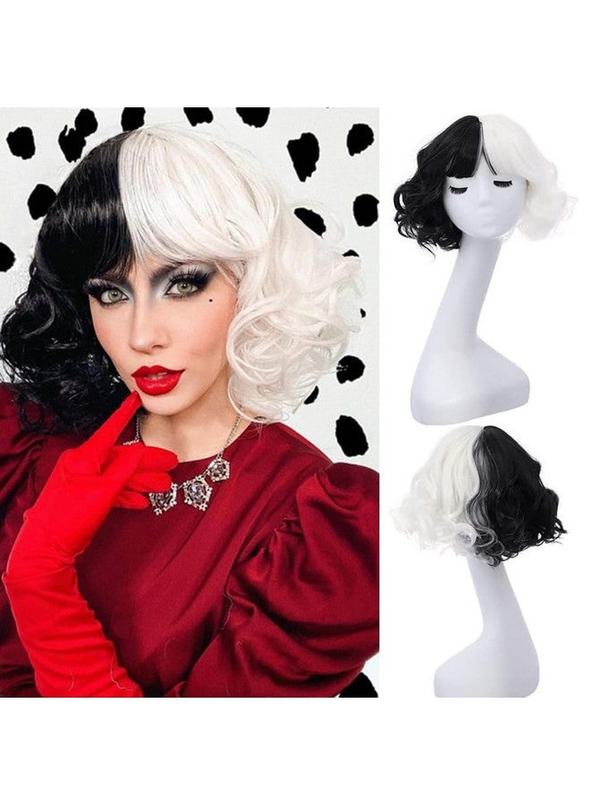 RightOn Black White Wig Short Curly Wig with Bangs Synthetic Wigs Black White Wig Split Wigs with Wig Cap - Image 1