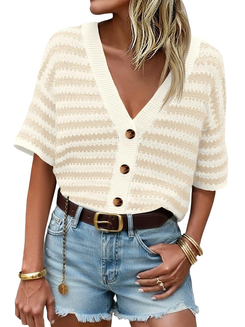 Saodimallsu Womens Short Sleeve Striped Cardigan Sweaters Crochet Knit Button Down Shirts V Neck Spring Summer Tops Apricot - Image 1